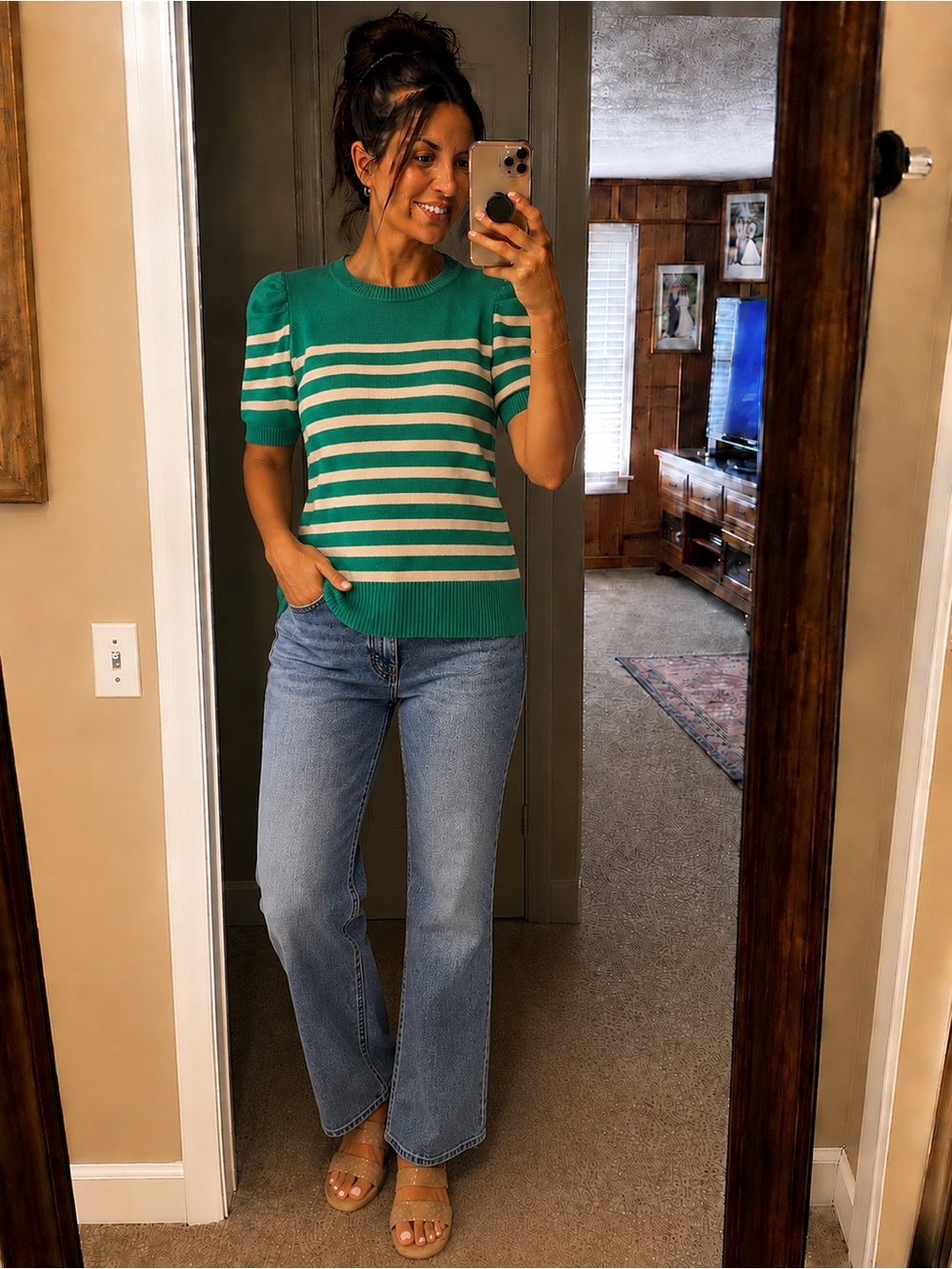 She + Sky Green and Cream Striped Knit Top